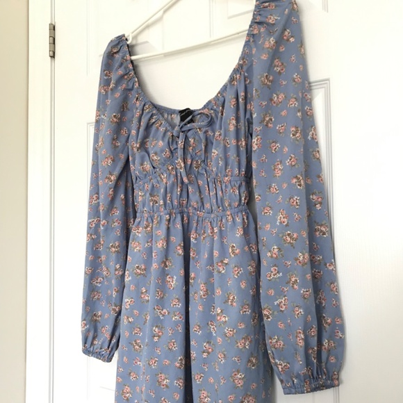 Streetwear Society Long Sleeve Sweetheart Neckline Tie Floral Dress S Blue Peach - Picture 5 of 15